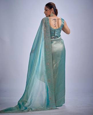 Sky color kanjivaram pure silk blend zircon cutdana & sequence handwork saree 3