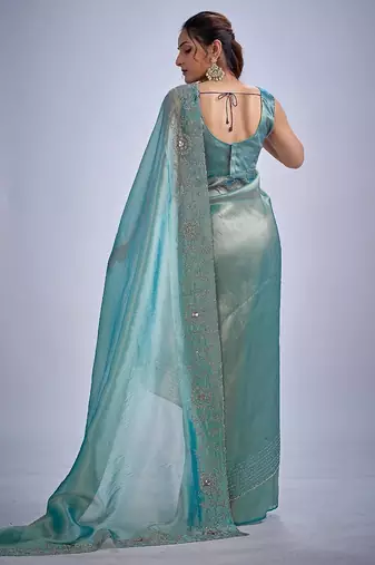 Sky color kanjivaram pure silk blend zircon cutdana & sequence handwork saree