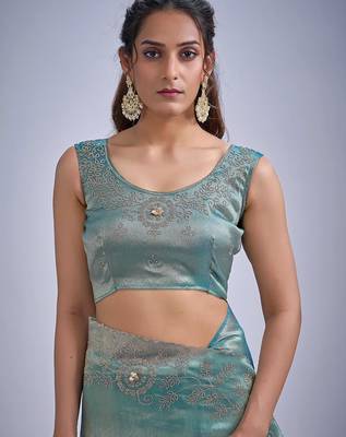 Sky color kanjivaram pure silk blend zircon cutdana & sequence handwork saree 4