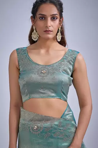 Sky color kanjivaram pure silk blend zircon cutdana & sequence handwork saree