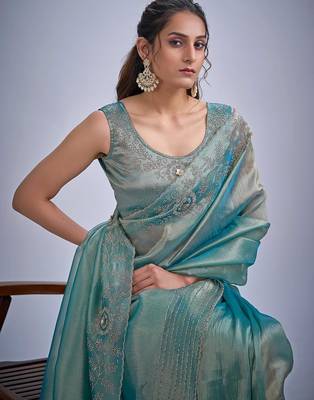 Sky color kanjivaram pure silk blend zircon cutdana & sequence handwork saree 5