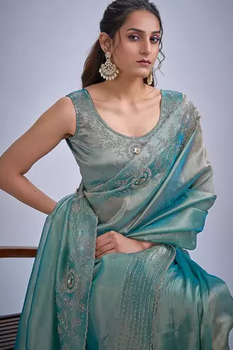 Sky color kanjivaram pure silk blend zircon cutdana & sequence handwork saree