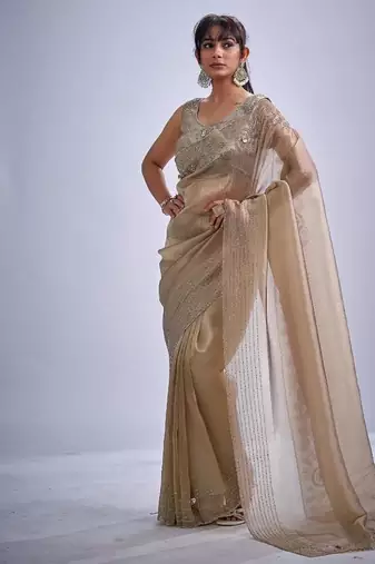 Mouse color kanjivaram pure silk zircon cutdana & sequence handwork saree