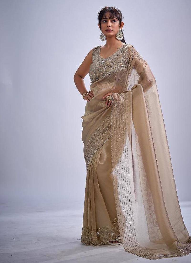 Mouse color kanjivaram pure silk zircon cutdana & sequence handwork saree