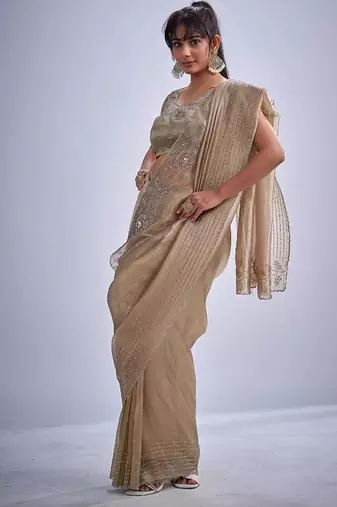 Mouse color kanjivaram pure silk blend zircon cutdana & sequence handwork saree