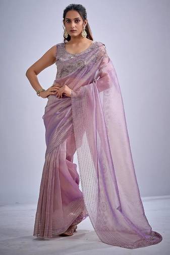 Levender color kanjivaram pure silk zircon cutdana & sequence handwork saree