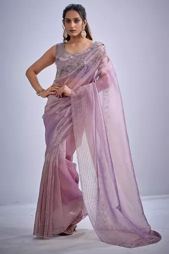 Levender color kanjivaram pure silk zircon cutdana & sequence handwork saree