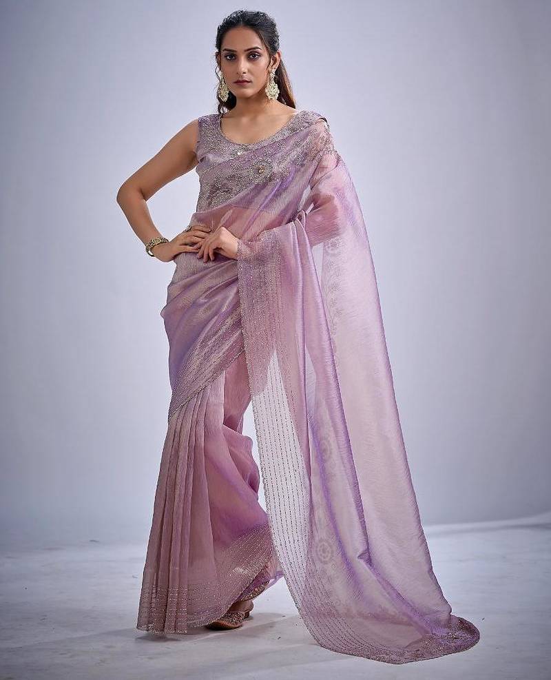 Levender color kanjivaram pure silk zircon cutdana & sequence handwork saree