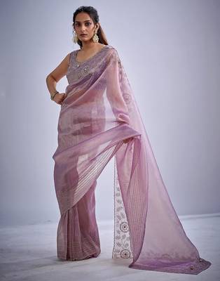 Levender color kanjivaram pure silk blend zircon cutdana & sequence handwork saree 2