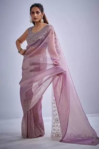 Levender color kanjivaram pure silk blend zircon cutdana & sequence handwork saree