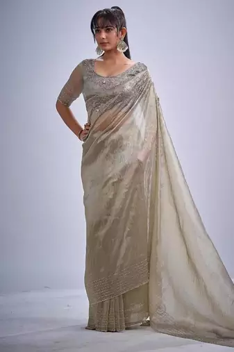 Grey color kanjivaram pure silk zircon cutdana & sequence handwork saree