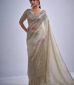 Grey color kanjivaram pure silk zircon cutdana & sequence handwork saree