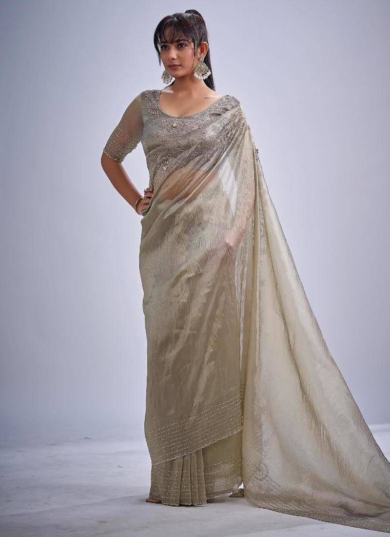 Grey color kanjivaram pure silk zircon cutdana & sequence handwork saree