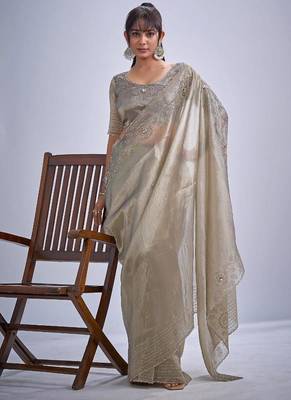 Grey color kanjivaram pure silk blend zircon cutdana & sequence handwork saree 2
