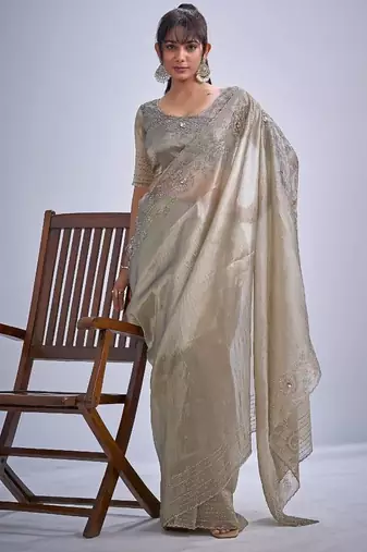 Grey color kanjivaram pure silk blend zircon cutdana & sequence handwork saree