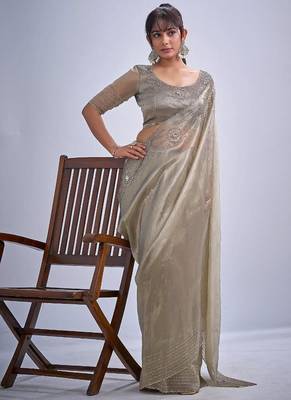 Grey color kanjivaram pure silk blend zircon cutdana & sequence handwork saree 3