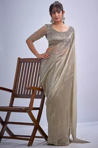 Grey color kanjivaram pure silk blend zircon cutdana & sequence handwork saree