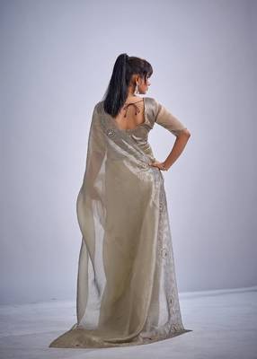 Grey color kanjivaram pure silk blend zircon cutdana & sequence handwork saree 4