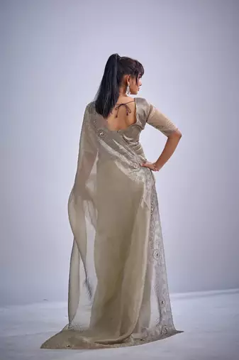 Grey color kanjivaram pure silk blend zircon cutdana & sequence handwork saree