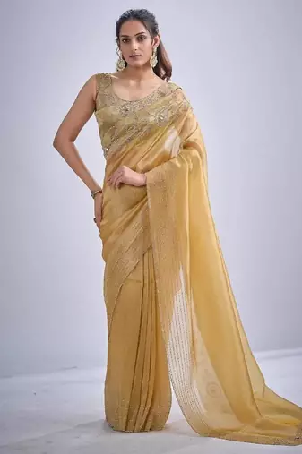Musturd color kanjivaram pure silk zircon cutdana & sequence handwork saree