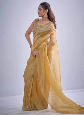 Musturd color kanjivaram pure silk blend zircon cutdana & sequence handwork saree 2