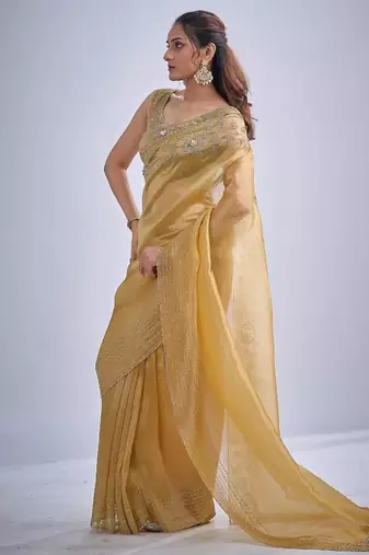 Musturd color kanjivaram pure silk blend zircon cutdana & sequence handwork saree