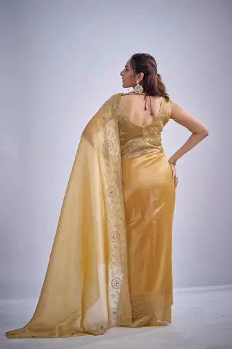 Musturd color kanjivaram pure silk blend zircon cutdana & sequence handwork saree