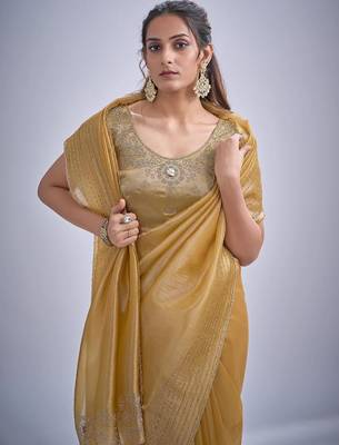 Musturd color kanjivaram pure silk blend zircon cutdana & sequence handwork saree 4