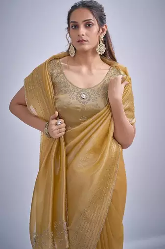 Musturd color kanjivaram pure silk blend zircon cutdana & sequence handwork saree