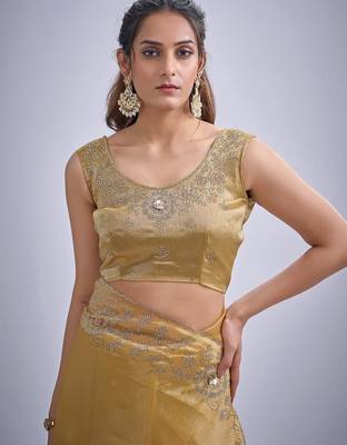 Musturd color kanjivaram pure silk blend zircon cutdana & sequence handwork saree 5