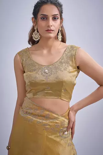 Musturd color kanjivaram pure silk blend zircon cutdana & sequence handwork saree