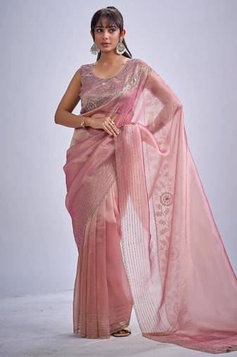 Pink color kanjivaram pure silk zircon cutdana & sequence handwork saree