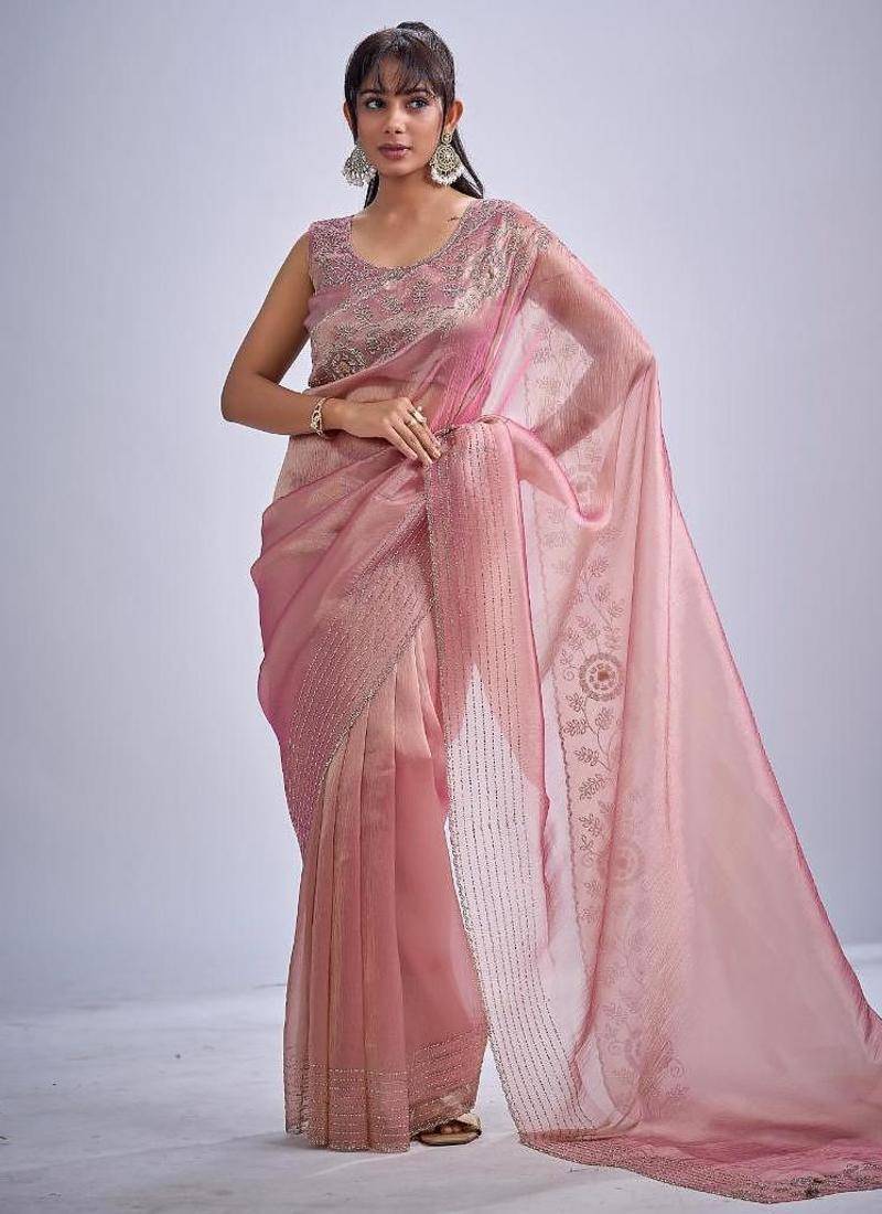 Pink color kanjivaram pure silk zircon cutdana & sequence handwork saree