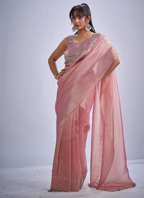 Pink color kanjivaram pure silk blend zircon cutdana & sequence handwork saree 2
