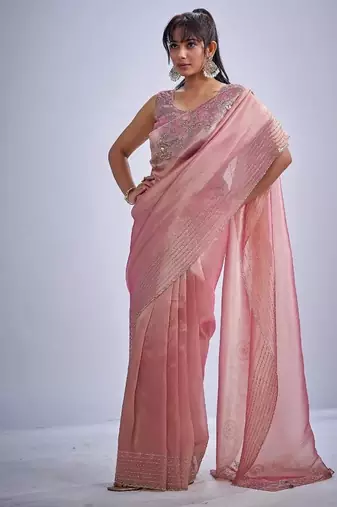 Pink color kanjivaram pure silk blend zircon cutdana & sequence handwork saree