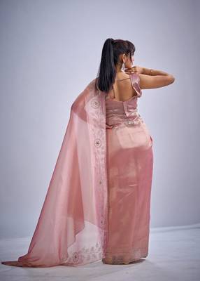 Pink color kanjivaram pure silk blend zircon cutdana & sequence handwork saree 3