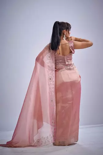 Pink color kanjivaram pure silk blend zircon cutdana & sequence handwork saree