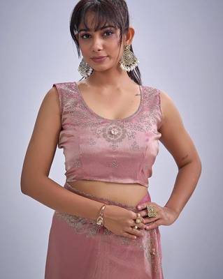 Pink color kanjivaram pure silk blend zircon cutdana & sequence handwork saree 4