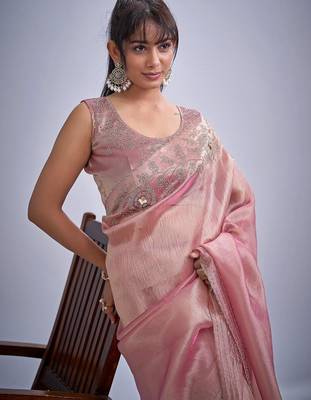 Pink color kanjivaram pure silk blend zircon cutdana & sequence handwork saree 5