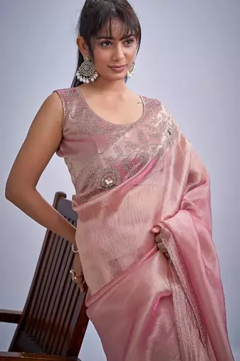 Pink color kanjivaram pure silk blend zircon cutdana & sequence handwork saree