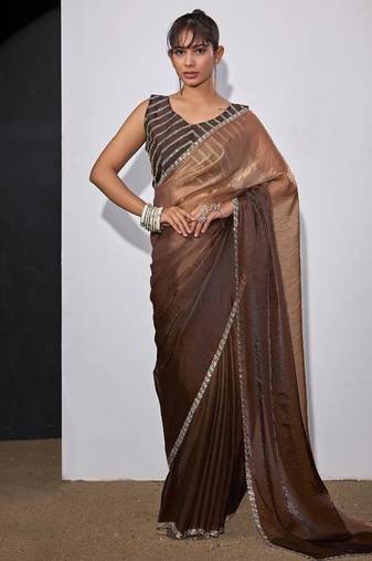 Gold & brown color fendi satin silk peding zircon handwork saree