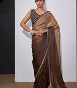 Gold & brown color fendi satin silk blend peding zircon handwork saree