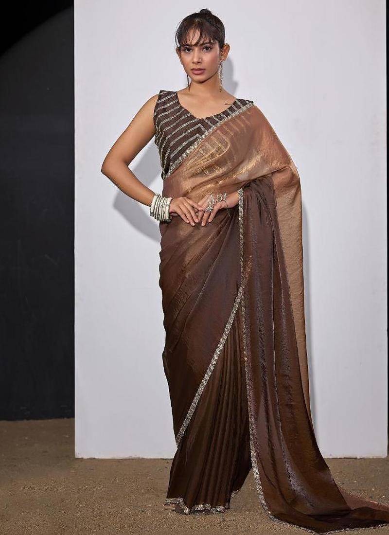 Gold & brown color fendi satin silk peding zircon handwork saree