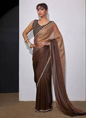 Gold & brown fendi satin silk blend peding zircon handwork saree 2