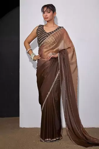 Gold & brown color fendi satin silk peding zircon handwork saree