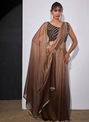 Gold & brown fendi satin silk blend peding zircon handwork saree 3