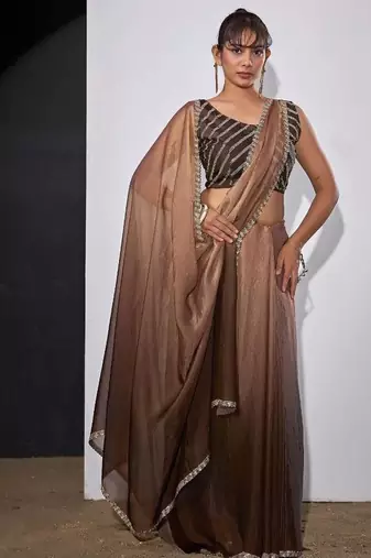 Gold & brown color fendi satin silk peding zircon handwork saree