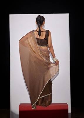 Gold & brown fendi satin silk blend peding zircon handwork saree 4