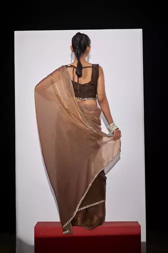Gold & brown color fendi satin silk peding zircon handwork saree