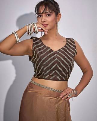 Gold & brown fendi satin silk blend peding zircon handwork saree 5